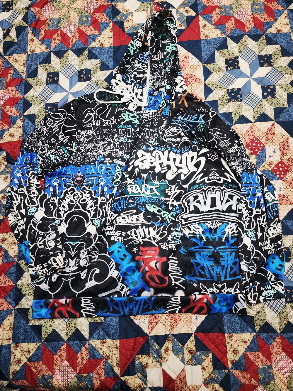 Black Graffiti-Print Hoodie Jacket - Streetwear Pullover